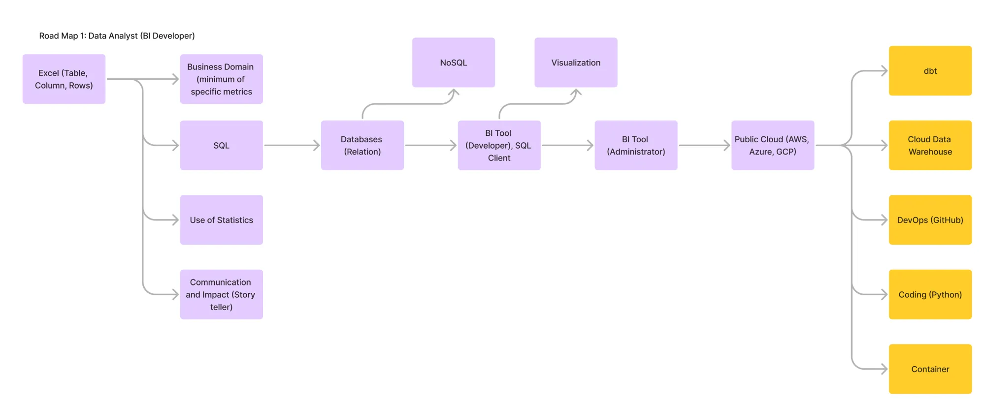 Road Map 1: Data Analyst (BI Developer). Excel, SQL, business domain, communication, databases, BI tools, public cloud.