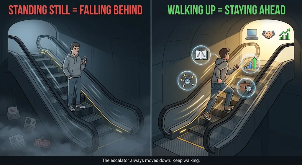 Two escalators going down. Left: a man standing still on his phone, falling behind, rejection letters around him. Right: a man walking up past icons for learning, networking, skills and job search, staying ahead. Caption: the escalator always moves down. Keep walking.