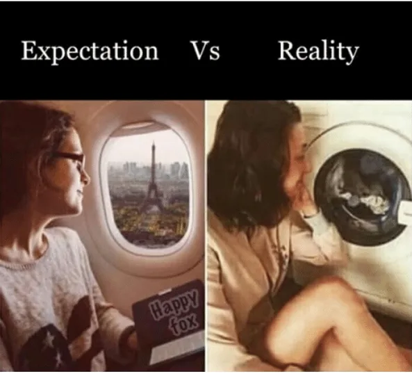 Expectation vs reality meme. Left: a woman looks out of a plane window at the Eiffel Tower. Right: the same pose, looking into a washing machine.