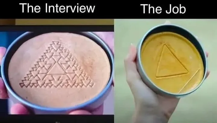 Squid Game candy meme. Left, The Interview: a honeycomb candy stamped with a complex fractal triangle made of tiny triangles. Right, The Job: the same candy with one plain triangle.
