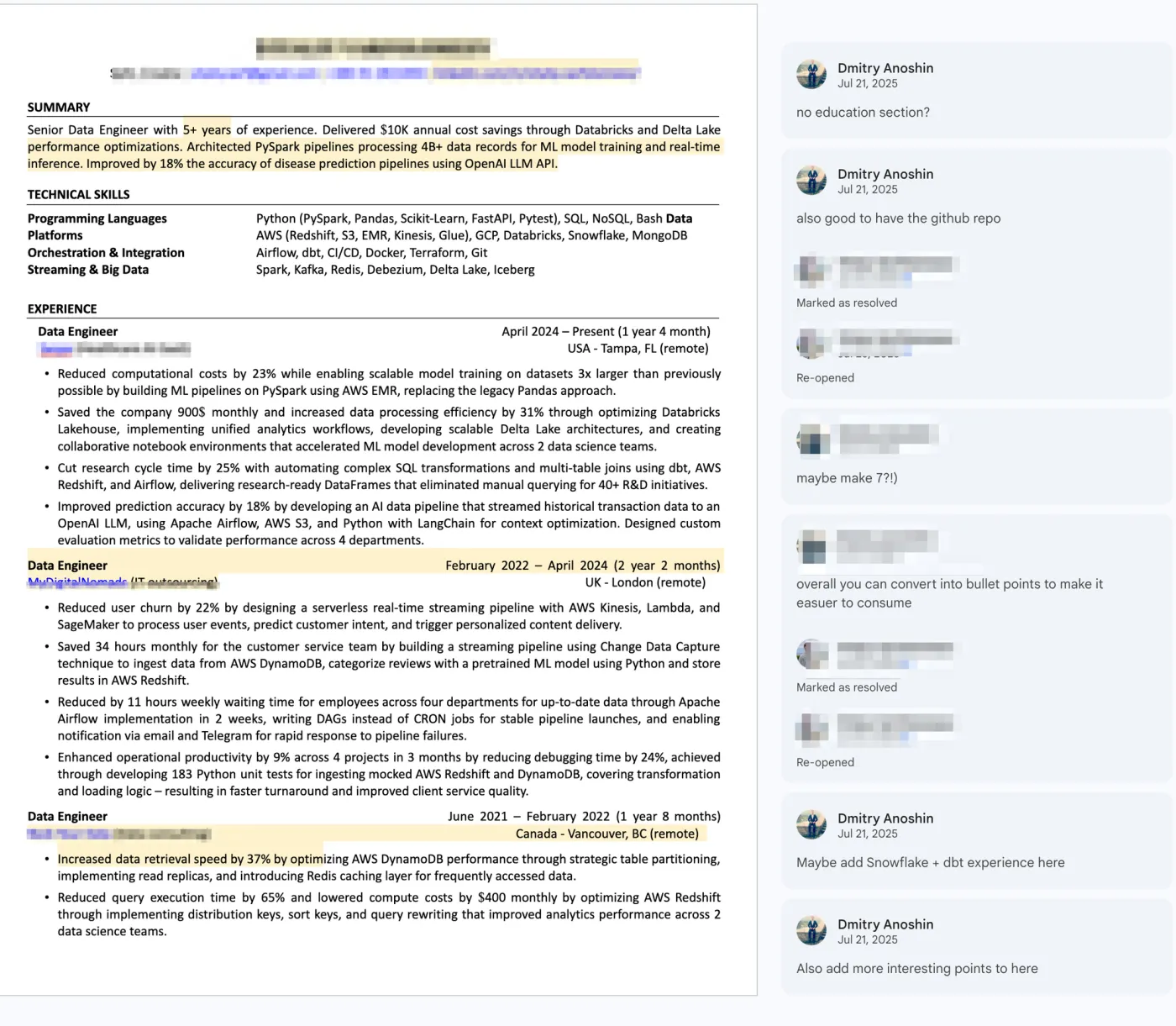 A Data Engineer resume in Google Docs with review comments on the right: no education section, also good to have the GitHub repo, overall you can convert into bullet points to make it easier to consume, maybe add Snowflake and dbt experience here, also add more interesting points to here.