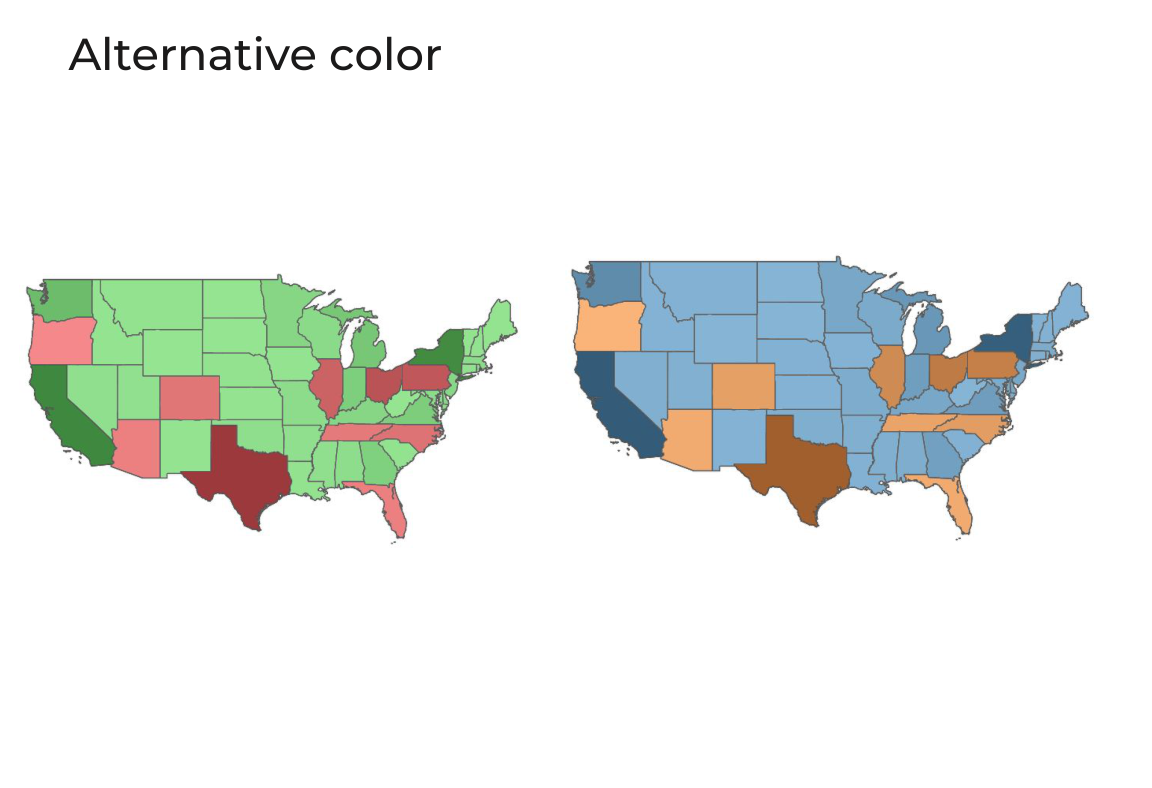 The same US sales map colored red/green (left) and blue/orange (right)