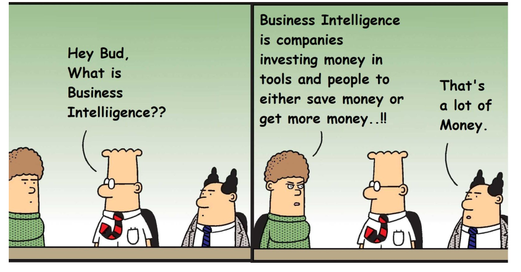 Dilbert comic: Dilbert asks what Business Intelligence is; a colleague answers that it is companies investing money in tools and people to either save money or get more money; the boss replies: That's a lot of money.
