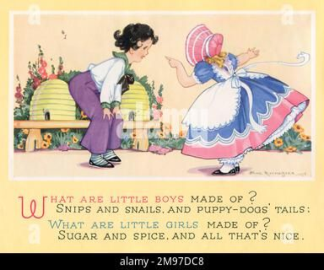 Vintage illustration of the nursery rhyme: what are little boys made of? Snips and snails and puppy-dogs' tails. What are little girls made of? Sugar and spice and all that's nice.