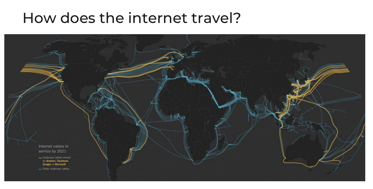 Map of internet cables in service in 2021; cables owned by Amazon, Facebook, Google or Microsoft are highlighted