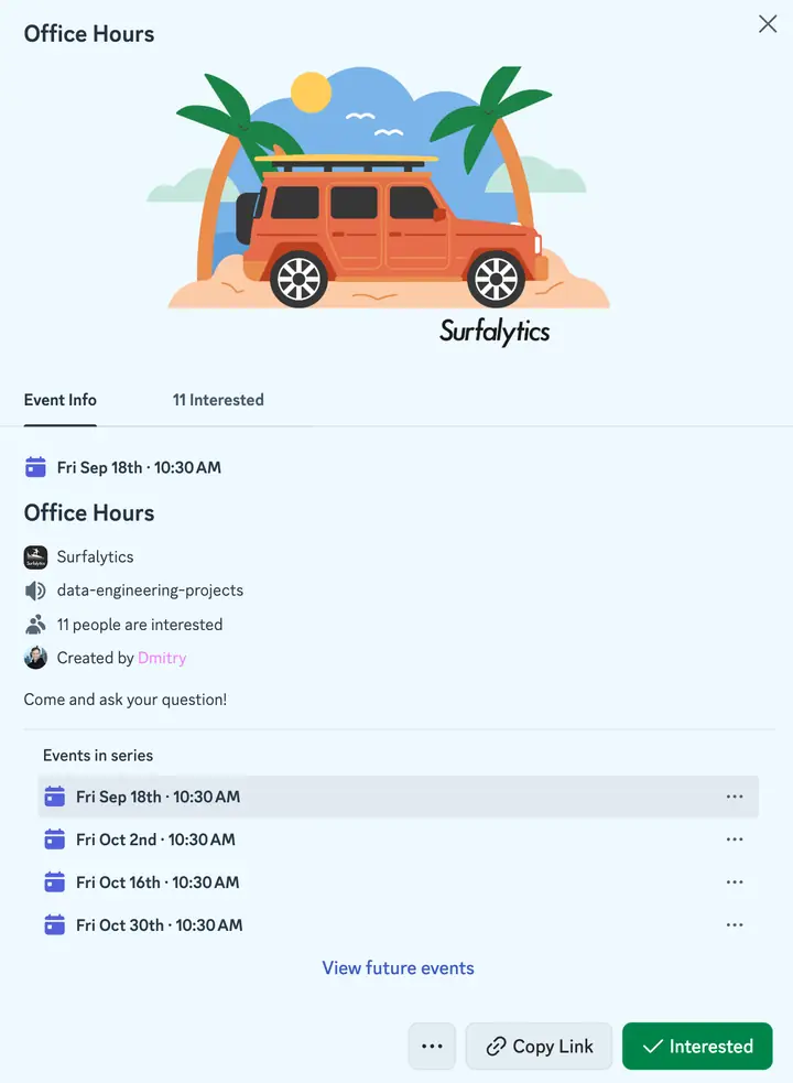 Discord event card for Office Hours — Surfalytics banner, Friday 10:30 AM in the data-engineering-projects voice channel, 11 people interested, upcoming dates every other Friday, and an Interested button