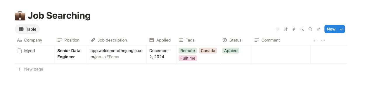 Job application tracker in Notion — a table with columns for company, position, job description link, applied date, tags, status, and comment