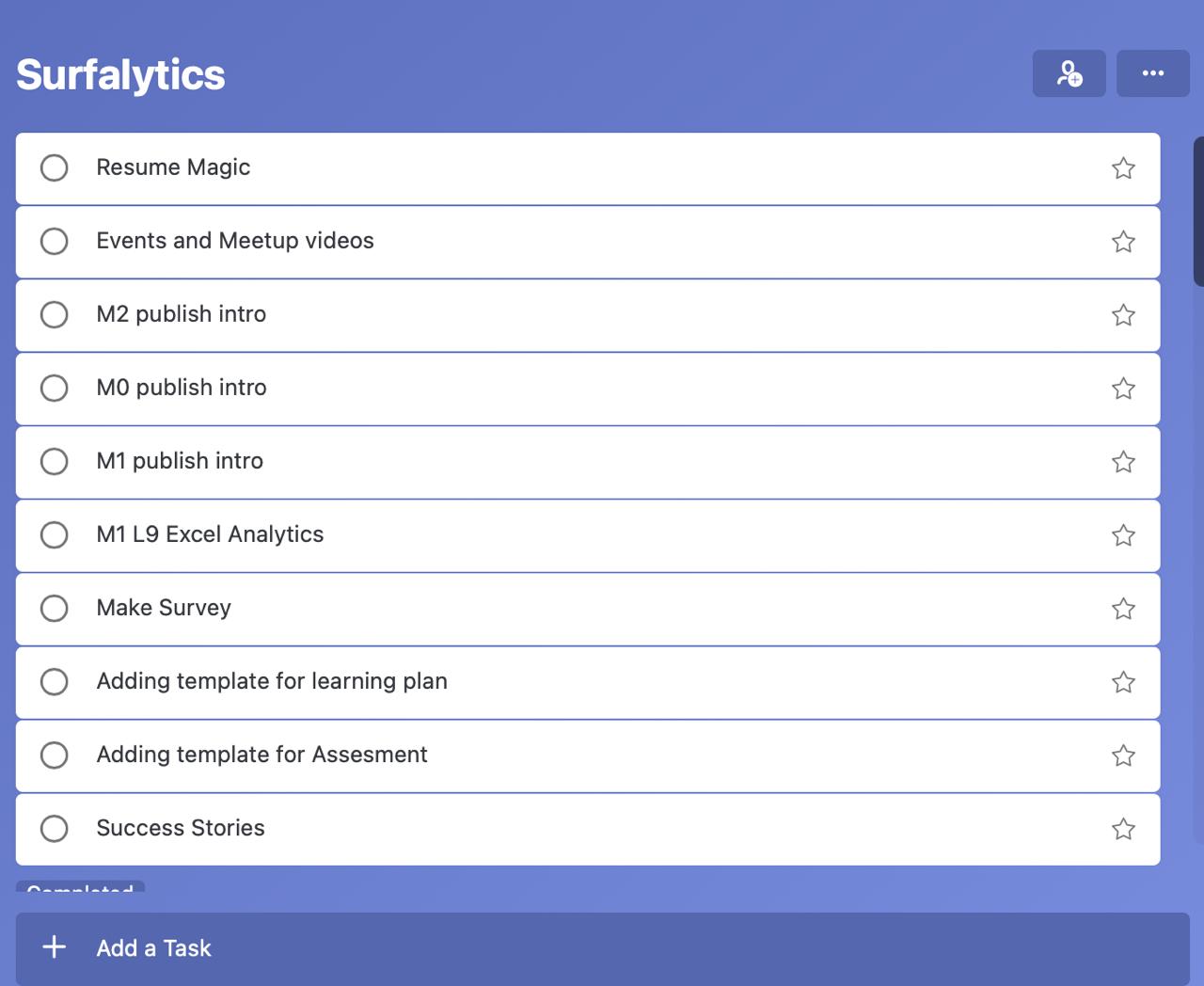 Microsoft To Do — a single list named Surfalytics with unchecked tasks like Resume Magic, Make Survey, and Success Stories, and an Add a Task button at the bottom